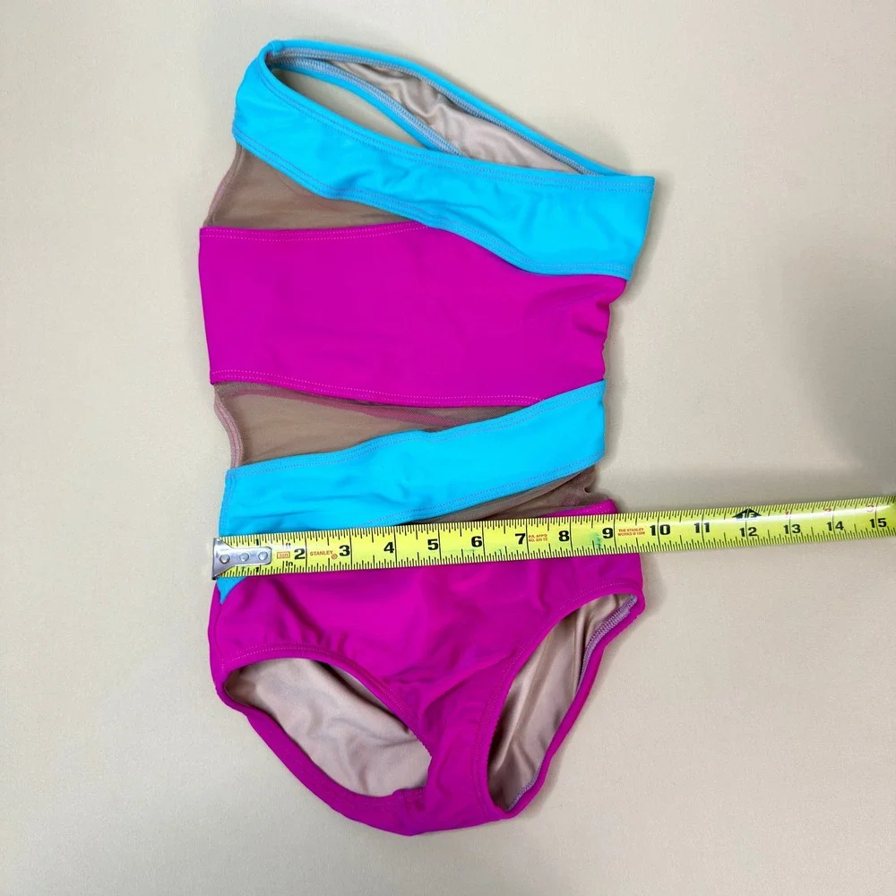 AA Dance Costumes FLORIDA Leotard Pink Blue Mesh Cut Out Child Med CM Photoshoot